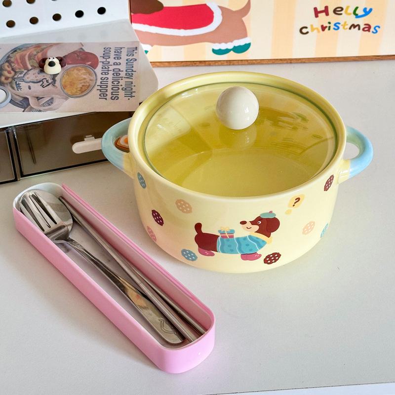 Ins süßer Wurstwelpe Keramik Instant-Nudel-Schüssel mit Deckel binaurale Schneckenpulver-Schüssel Geburtstagsgeschenk für Mädchen Souvenir