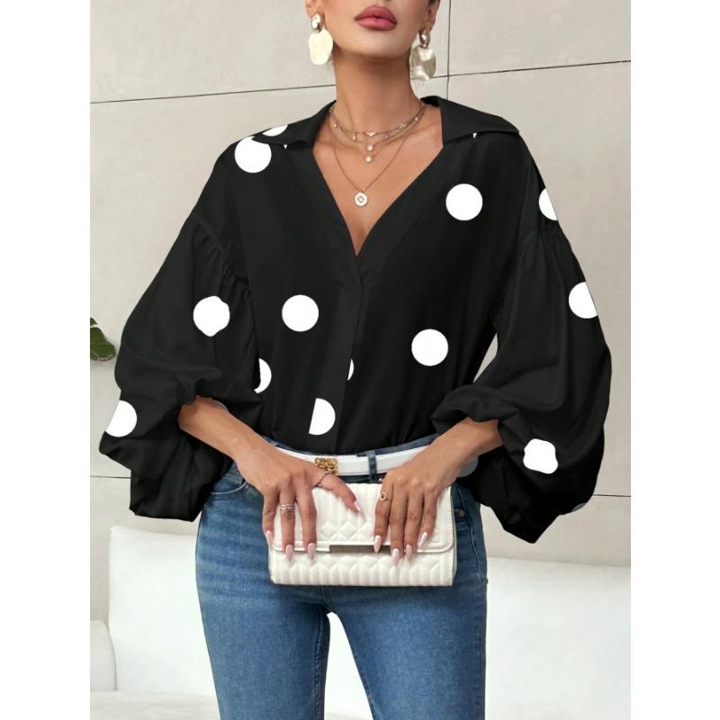 DAFIFY Mote Casual Vår Høst Polkadotter Trykk Langermet POLO Hals Bluser & Skjorter for Kvinner