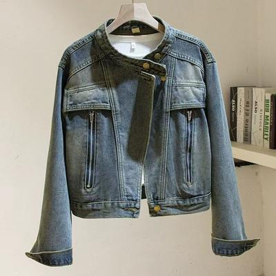 Womens Stand Collar Denim Jacket Casual Loose Fit Short Length Jean Coat Petite