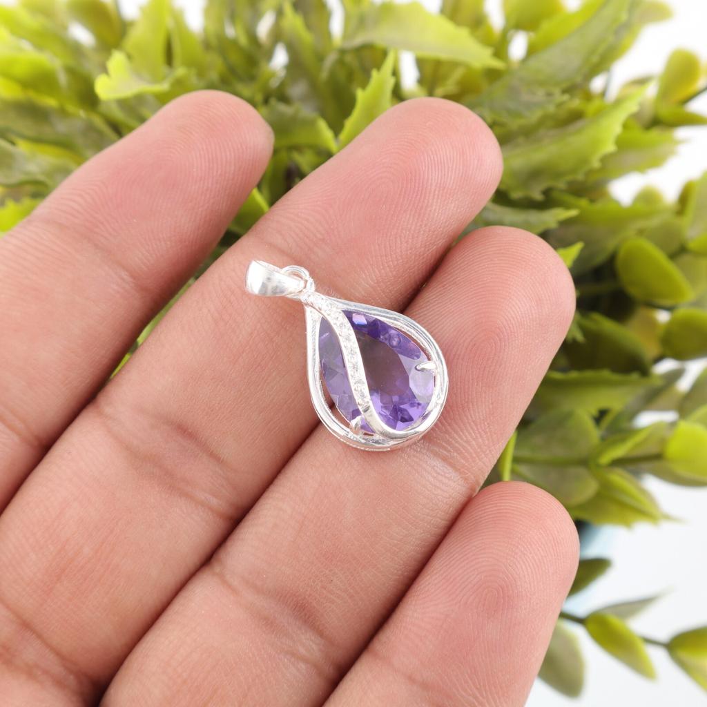 Purple Iolite Gemstone 925 Solid Silver Jewelry Designer Zircon Pendant For Her CZP-7-14