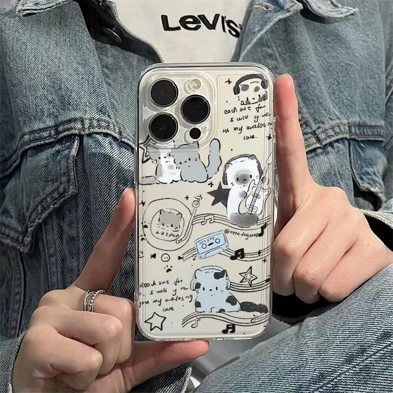 Line Music Cat Is Suitable for Apple 17 Transparent Case 16 All-inclusive Fine Hole iPhone15promax Anti-drop Protective Case.