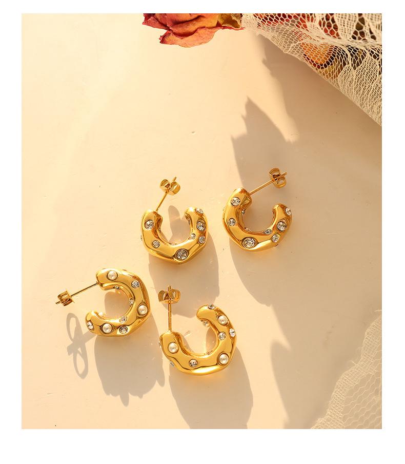 Gold-Plated Titanium Steel C-Shaped Earrings with Imitation Pearl and Zircon Inlays