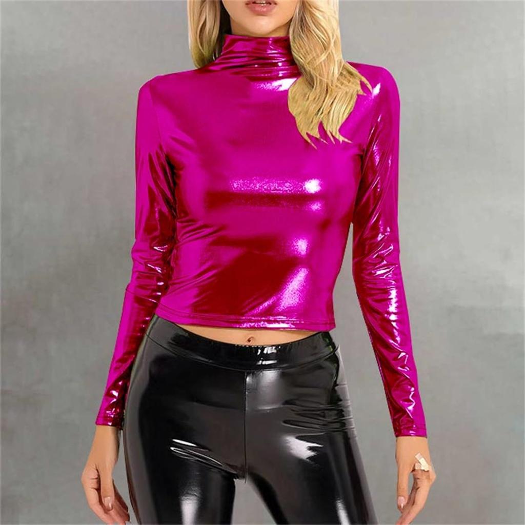 Women's Fashionable Color High Neck Long Sleeved Exposed Navel Sexy Tight Fitting Performance Outfit Top