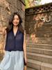 Hong Kong style retro high-end brown V-neck linen knitted vest women's summer thin outer wear sleeveless temperament top