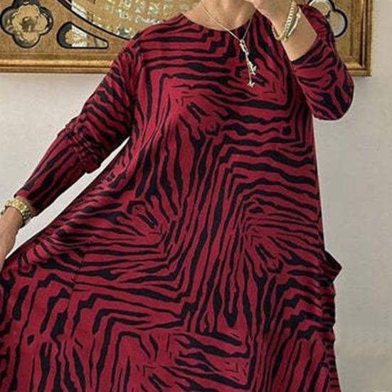 Women Maxi Dress Oversized Long Sleeve O Neck Color Matching Leopard Print Pockets Ankle Length Lady Fall Spring Dress