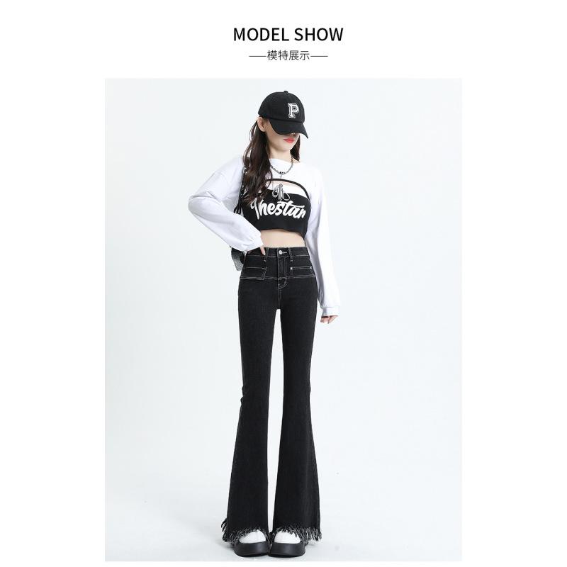 

Женские осенние облегающие джинсы с бахромой и завышенной талией Bootcut L чёрный