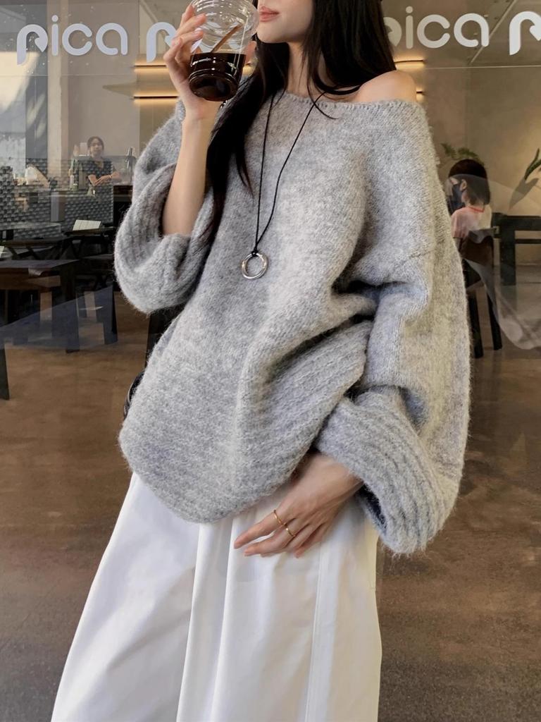 Dámský korejský svetr s odhalenými rameny a lucernovými rukávy - Měkký, přilnavý úplet, Volný střih, Zeštíhlující, Nadměrná velikost, Podzimní/zimní kolekce