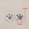 Ethnic Round Red Stone Flower Earrings Vintage Originality Silver Color Metal Carving Pattern Dangle Earrings for Women