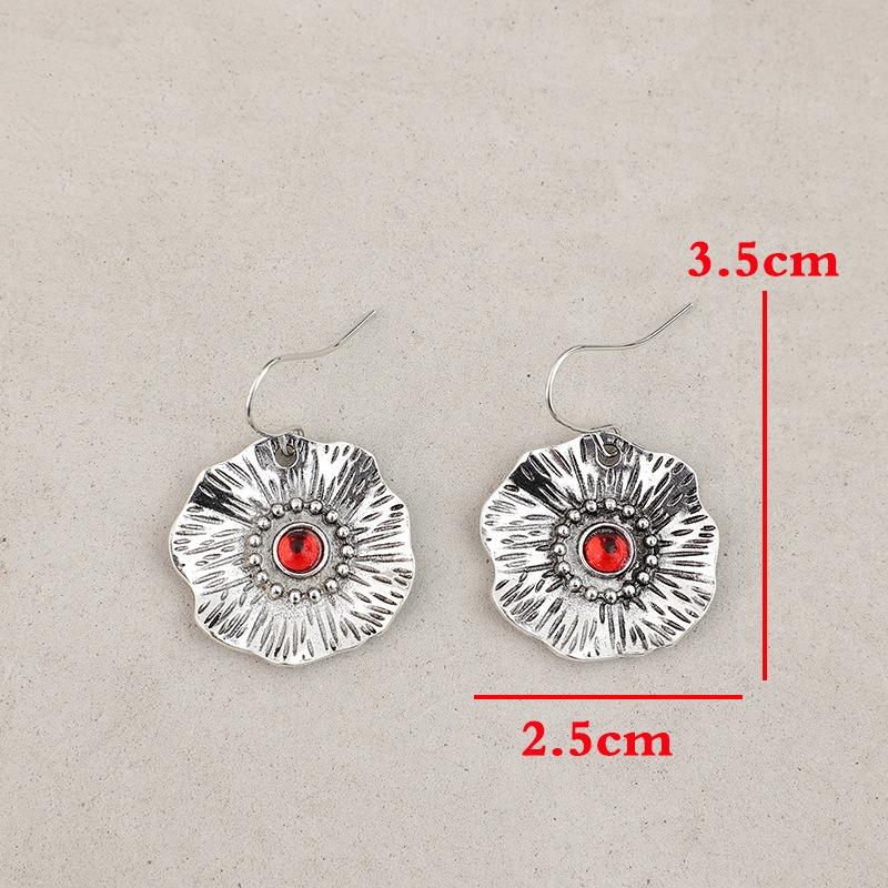 Ethnic Round Red Stone Flower Earrings Vintage Originality Silver Color Metal Carving Pattern Dangle Earrings for Women
