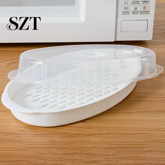 Microwaveable Fish Plate Steamed with Transparent Cover Steamer Pan Cooking Dish for Home Kitchen