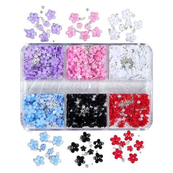 1 Box 3D Flower Nail Art Charm 6 Grids Resin Floral Charms Golden Beads DIY Nail Design Jewelry Crafts Manicure Decoration Accessories