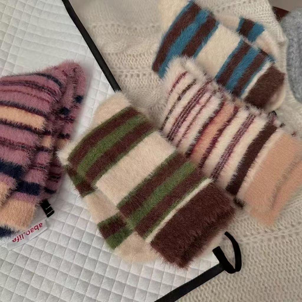 Korean Socks Children's Mid Tube Socks Winter Thickened Warm Mink Fleece Socks Striped Color Blocked Mid Tube Socks Stacked Sock