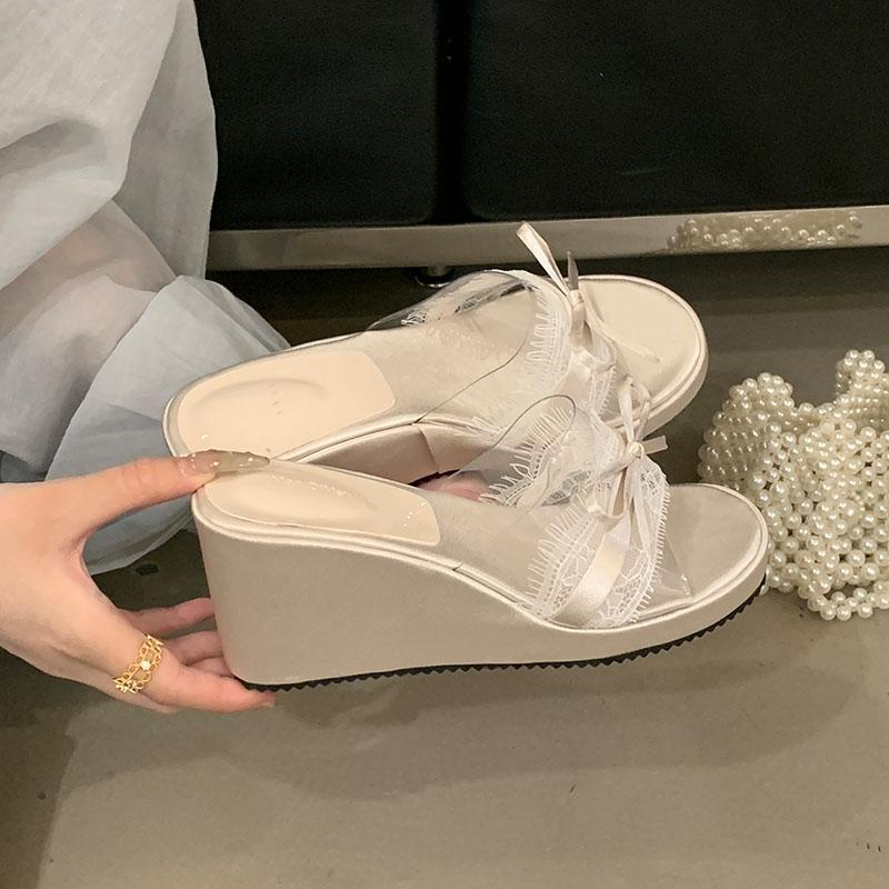 

Fashion Fashion Butterfly-Knot Women Wedges Slippers Shoes Female Slides Sandals Round Toe Ladies Heeled Slippers Wedges Shoes Pumps 35 бежевый