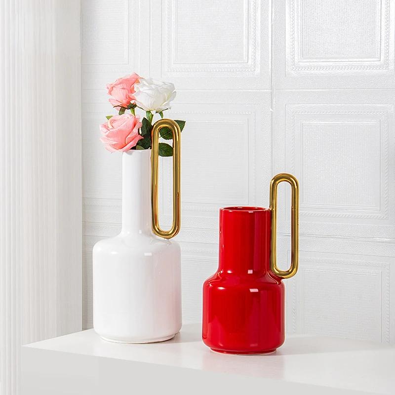 

Ceramic Vase Gold Oval Handle Abstract Geometry Kettle Shape Flower Vase Hydroponic Accessories Home Decoration Accessories красный