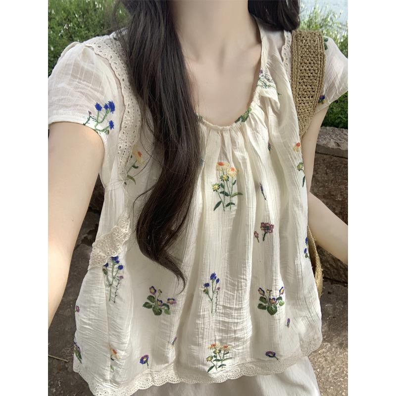 

Летний вышитый цветочный шифоновый литературный топ универсальный с маленьким рукавом-крылышком свободная рубашка топ L