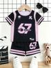 Toddler Girls Cool Number 67 Jersey Print 2-Piece Outfit, Summer Black & Pink Sporty Clothes for Kids, Perfect for Playwear & Outdoor