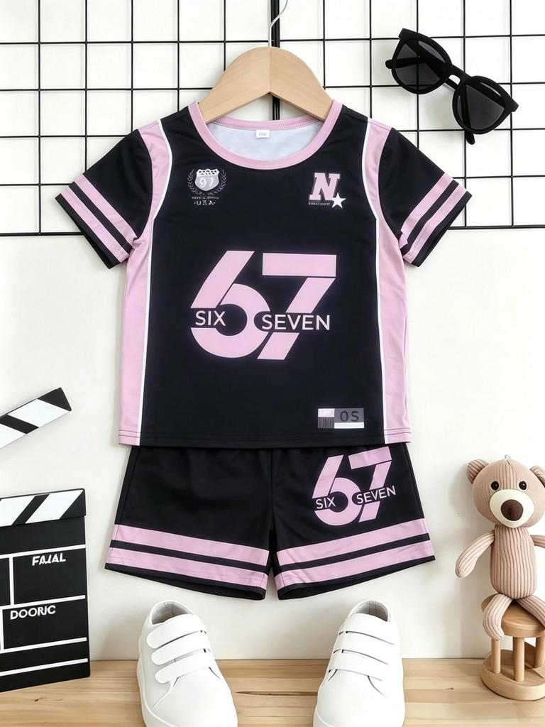 Toddler Girls Cool Number 67 Jersey Print 2-Piece Outfit, Summer Black & Pink Sporty Clothes for Kids, Perfect for Playwear & Outdoor