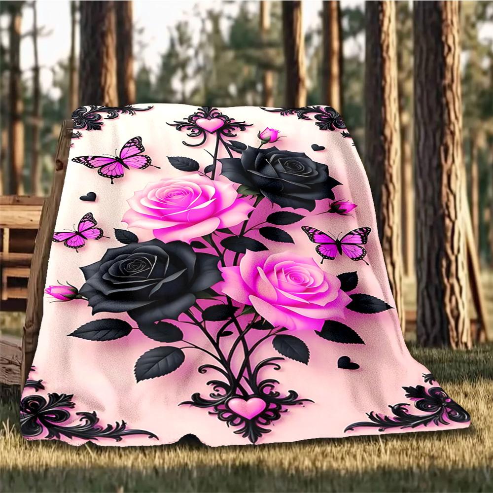 

1 шт. Плед с розами и бабочками для улицы - Мягкий флис, уютный для путешествий и кемпинга - Всесезонное теплое покрытие для кровати, можно стирать в машине yy251229108 75x90cm