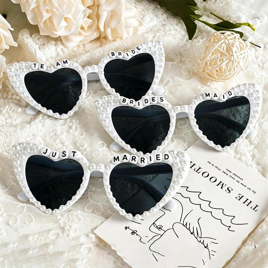 Just Married White Pearl Letter Wedding Glasses for Groom, Bride, Bridesmaid