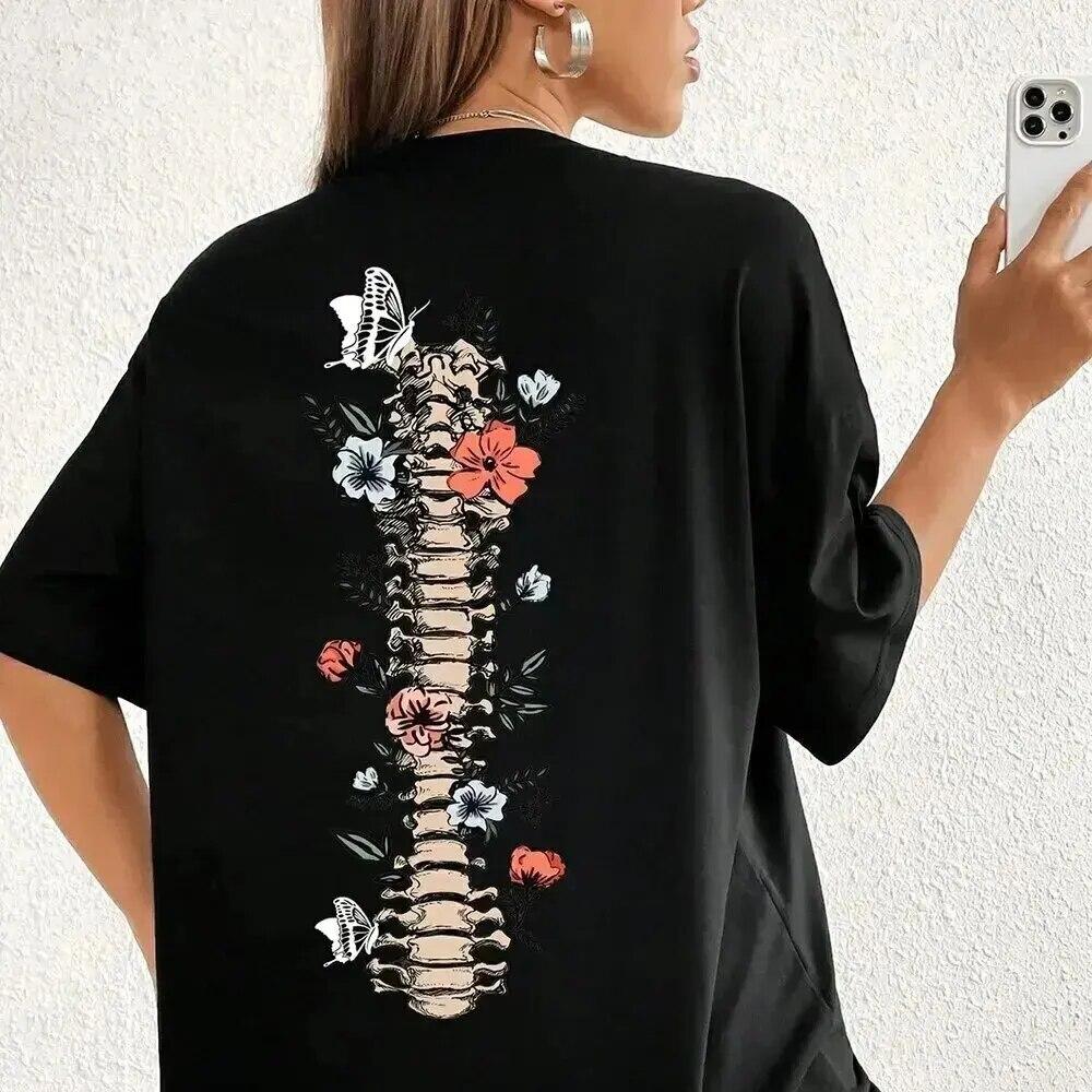 Floral & Skeleton Print Cotton T-Shirt for Women Motivational Grow Through It Personality Female Tee Oversize Tops Soft Clothes