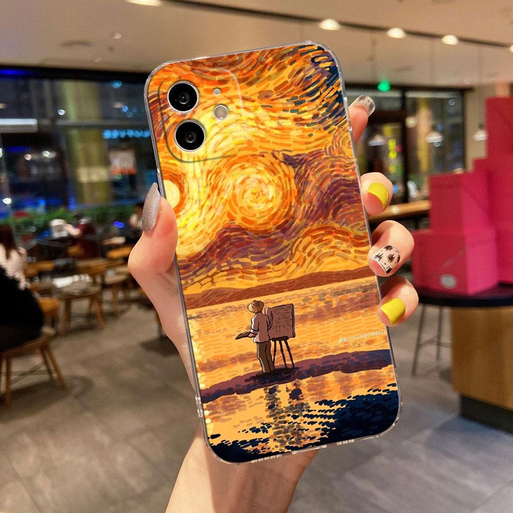 Van Gogh Cafe Terrace Starry Night Sunflower Clear Phone Case For iPhone 11 15 14 Pro Max 12 13 Mini 16 Pro Plus XS 8 Cover Case