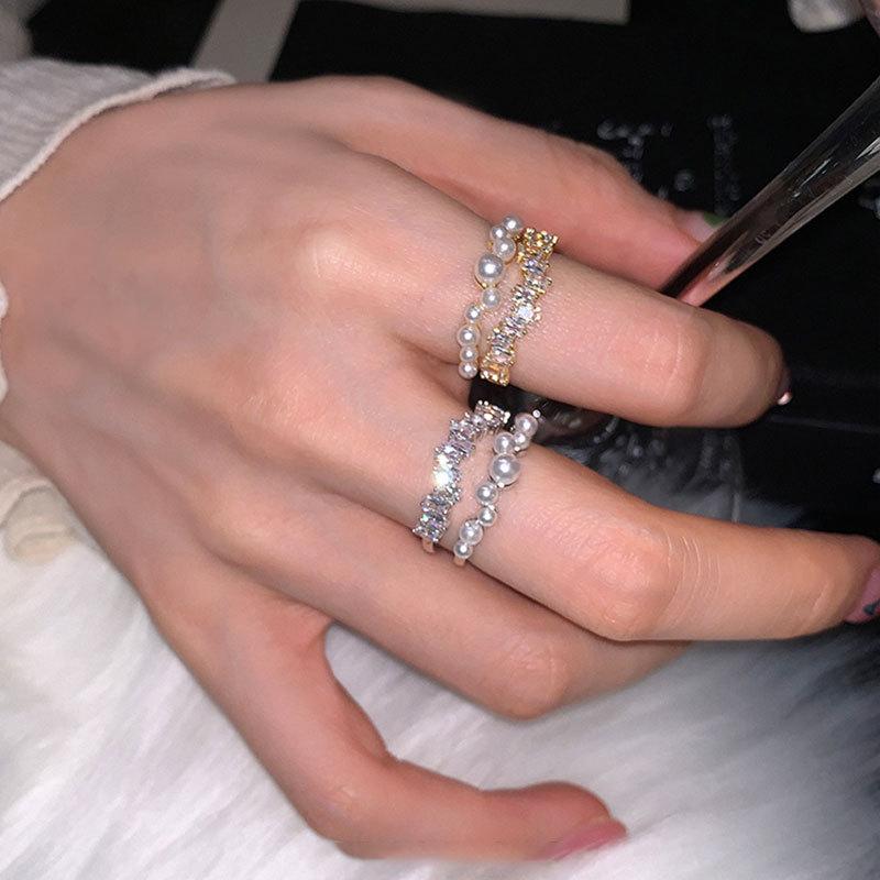 Bague Ouverte Double Métal Zircon Perle Femme Luxe Léger Rétro Exquis Mode Bague Polyvalente