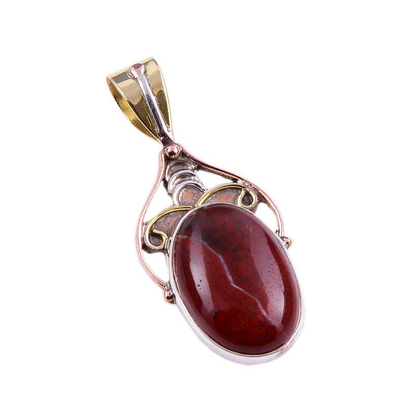 Natural Red Jasper Gemstone 925 Solid Sterling Silver TwoTone Pendant 1.75" V1y50