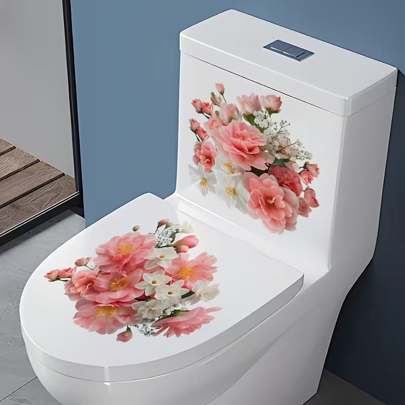 Floral Toilet Lid Sticker Waterproof DIY Friendly Peel and Stick Decal for Bathroom Wall Restroom Home Decoration