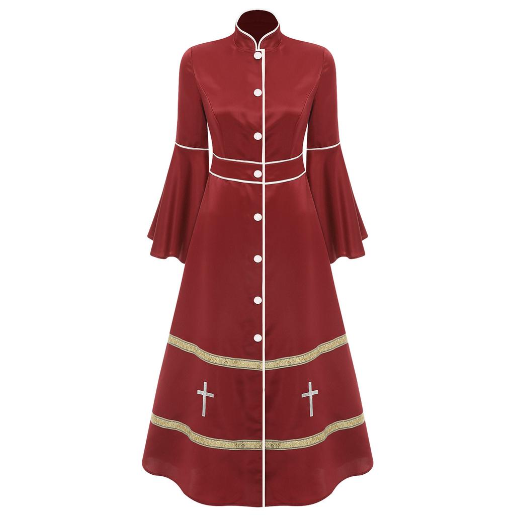 Rochie Clericală de Damă cu Mâneci Lungi și Nasturi, Costum Casacă, Biserică, Pastor, Cosplay, Veșminte Liturgice, Ținută de Pitic