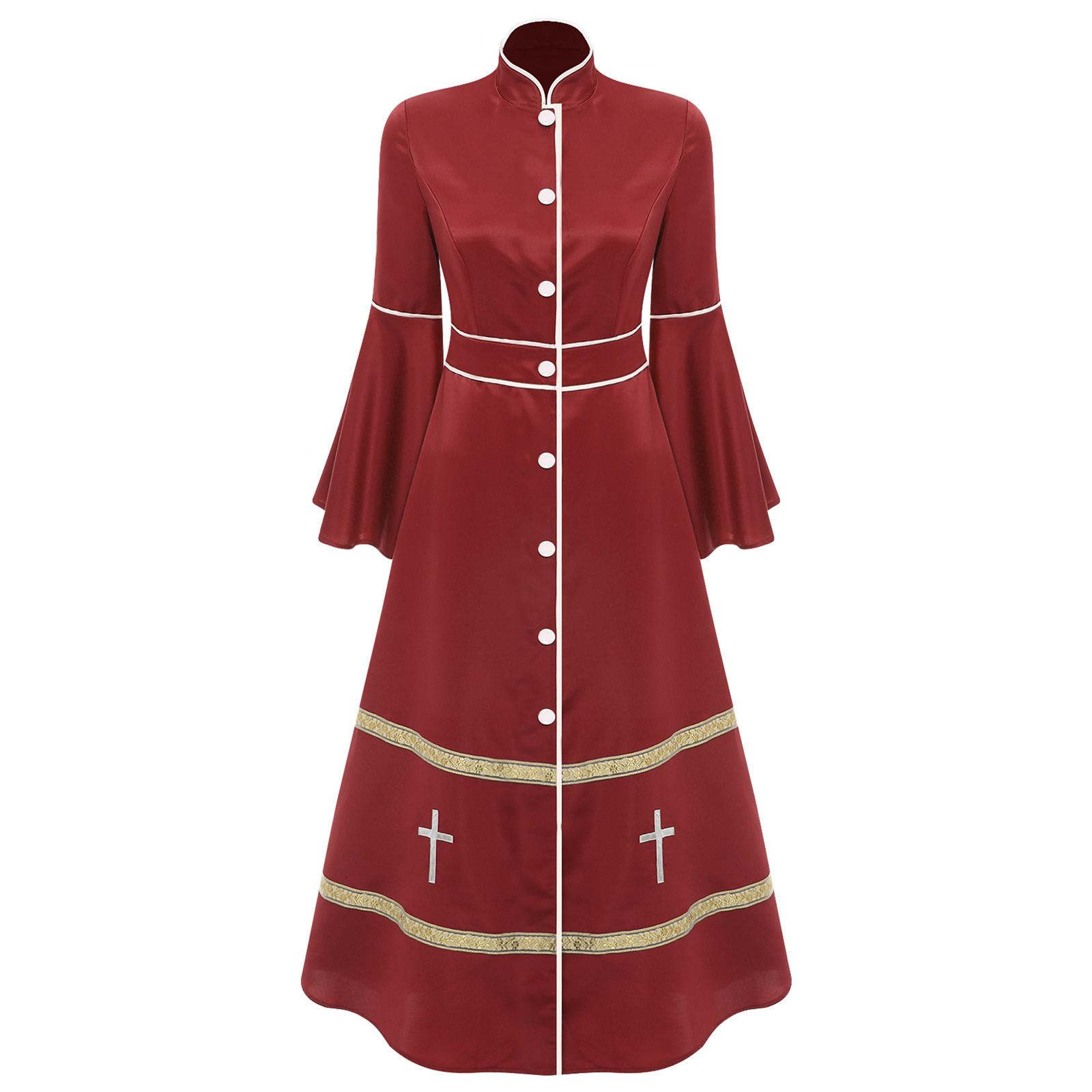 

Womens Clergy Minister Robe Stand Collar Long Sleeve Buttons Design Cassock Church Pastor Robe S бордовий