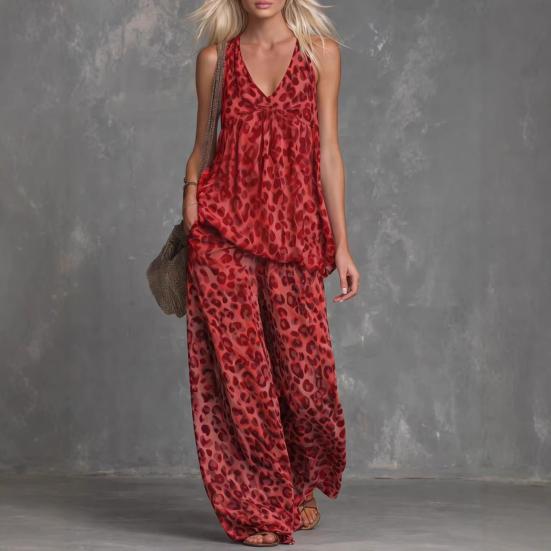Conjuntos de 2 Piezas Estampados de Verano para Mujer Camiseta sin Mangas con Cuello en V y Pantalones de Pierna Ancha Conjuntos para Estar en Casa Atuendos Casuales de Vacaciones