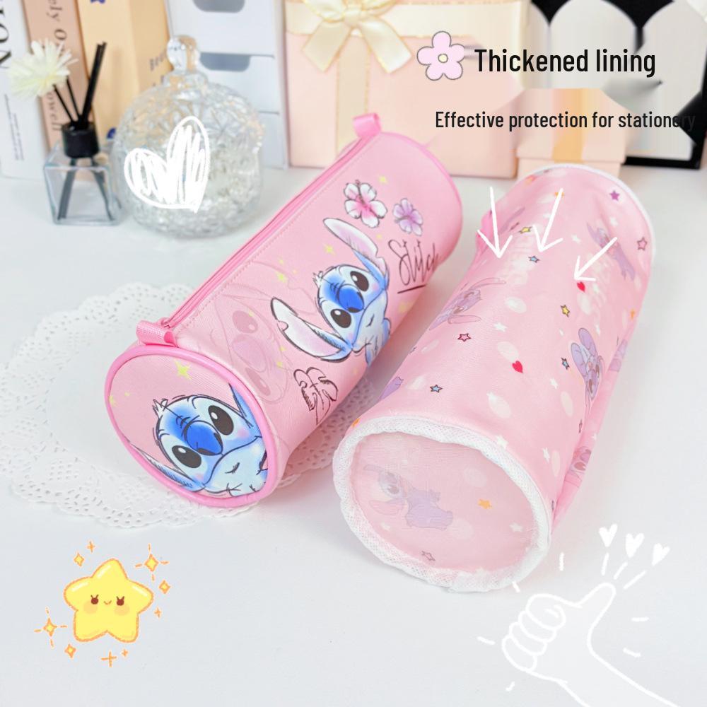 Round Barrel Cartoon PU Pencil Case - Large Capacity, Thick Lining, Perfect for Kids' Stationery Storage