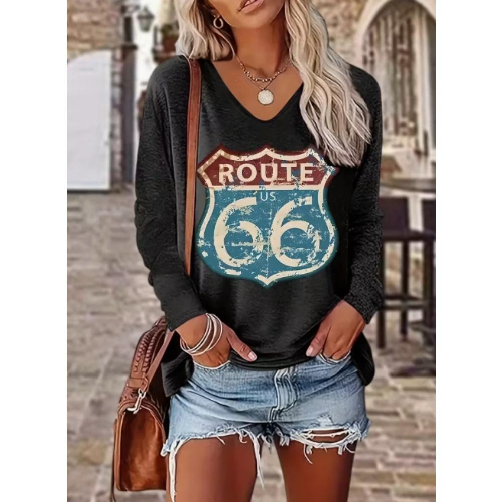 Cat Print Colorblock T-Shirt, Casual V-Neck Long Sleeve T-Shirt