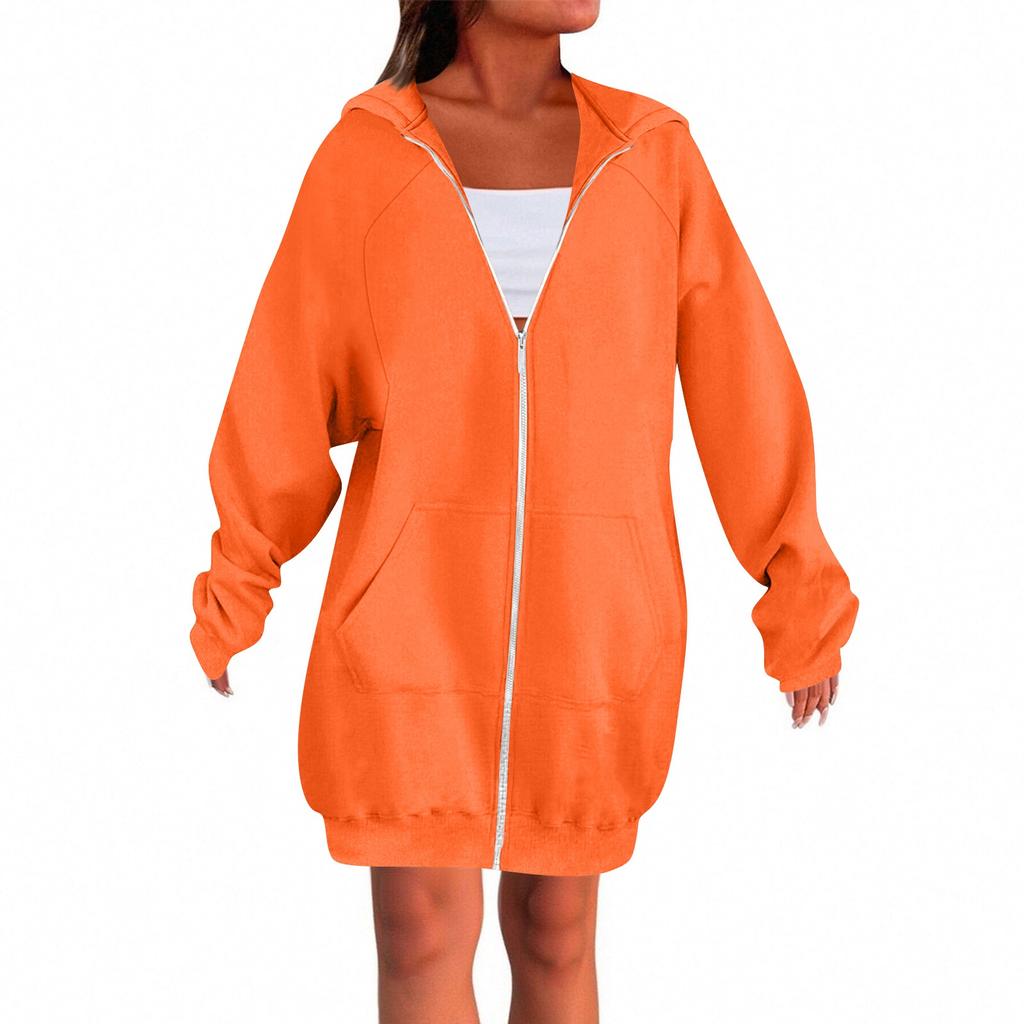 Women's Solid Color Zippered Sweatshirt Top Daily Casual Raglan Long Jacket (Without Hood Drawstring)