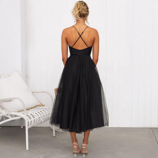 Damen Mesh Swing Cocktailkleid Ärmellos Spaghetti-Träger A-Linie Tüllkleid Formelles Hochzeitsgastkleid