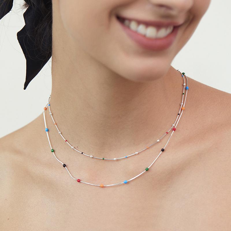 925 Sterling Silver Summer Rainbow Beads Chain Choker Necklace for Women's Fashion Stacked For Korea Simple Collar Fine Jewelry