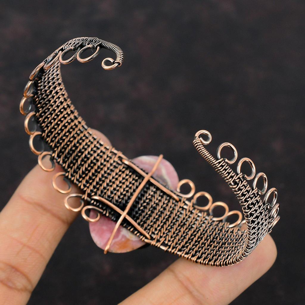 Rhodochrosite Copper Wire Wrapped Bangle Adjustable Cuff Bracelet Genuine Gemstone Bangle Handmade Bracelet Copper Wire Jewelry Gift For Her