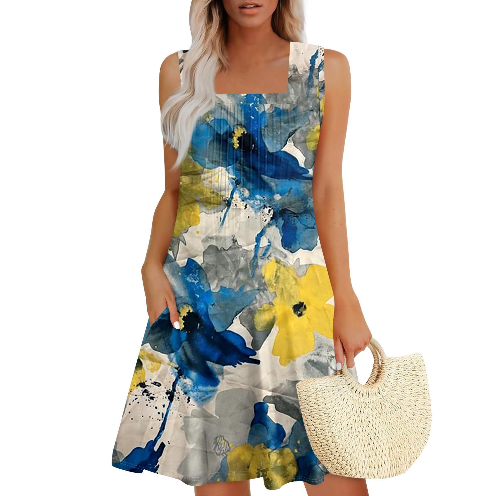 

Женские летние платья Свободные сарафаны без рукавов Платье с карманами XL жёлтый