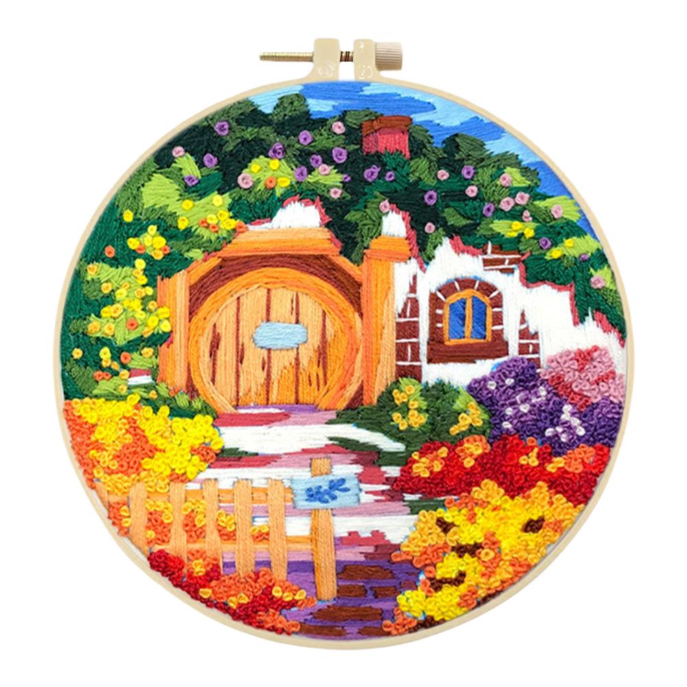 Landscape Stamped Cross Stitch Embroidery Kits with Hoop Cloth Color Thread