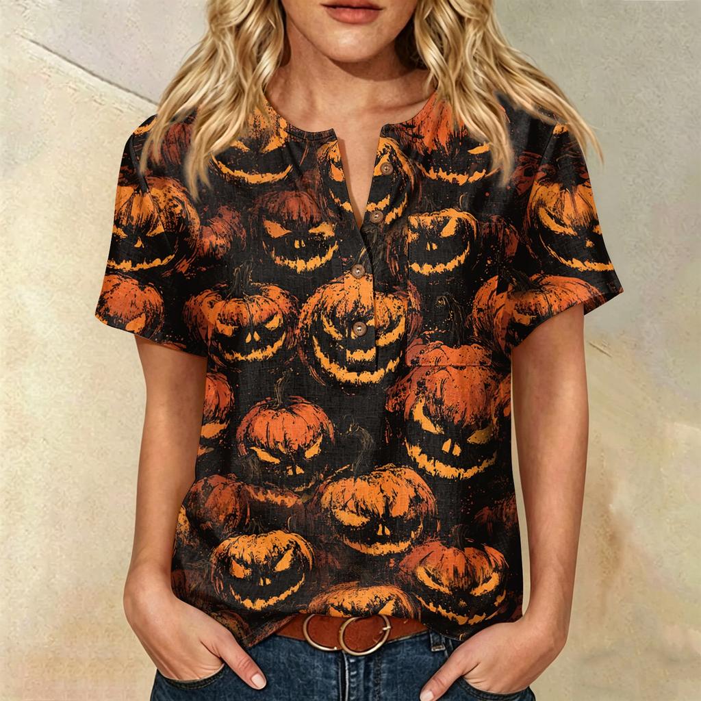 Women Casual Short Sleeve Henley Shirt Cotton Linen Blend Halloween Print Front Pocket Button Neck Blouse