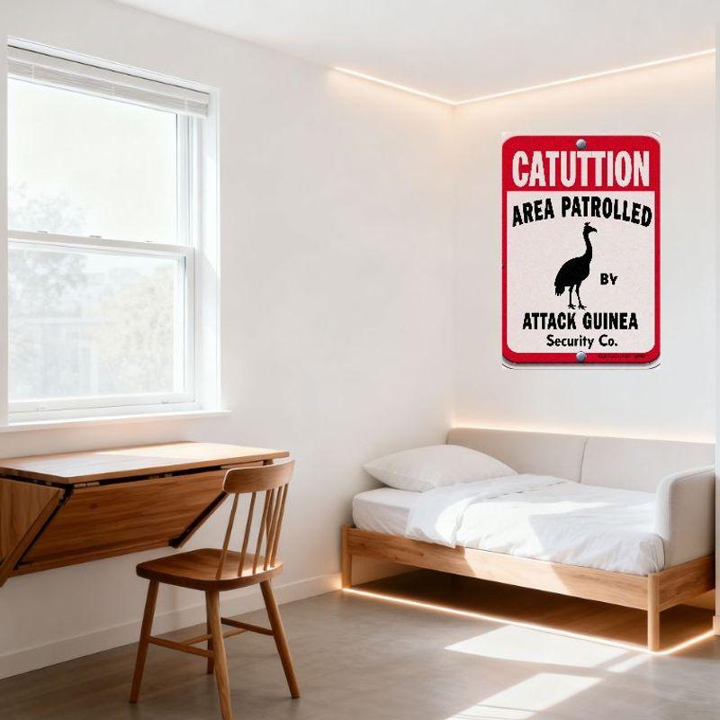 CATUTION Area Patrolled by Attack Guinea Security Co. Bird Silhouette Metal Tin Sign Playful Warning Sign for Home Office Decor