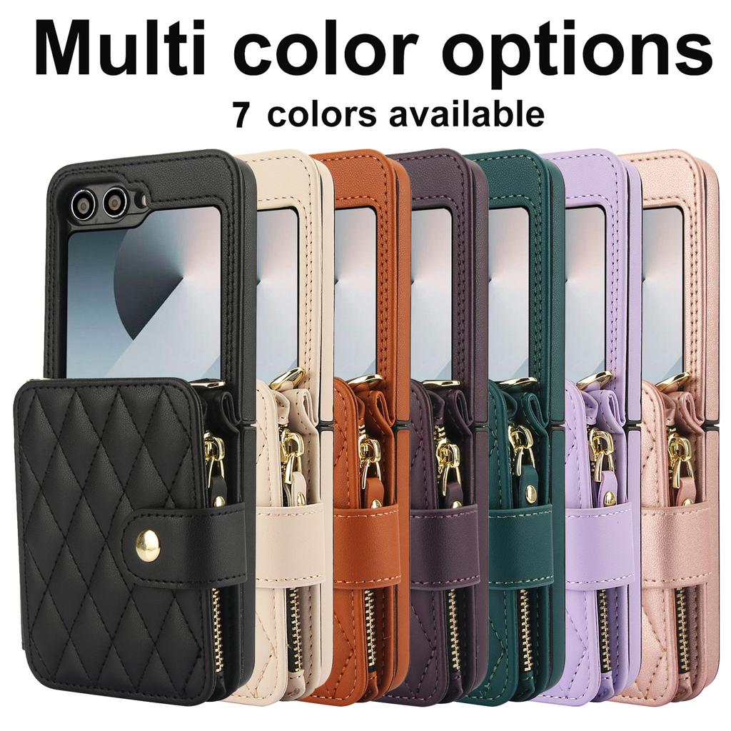 Crossbody Zipper Cards Solt Wallet Leather Case for Samsung Galaxy Z Flip 7 FE 6 5 4 Grid Pattern Flip6 Flip5 Long Lanyard Cover