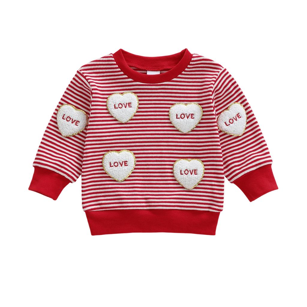 Kids Baby Girls Valentine's Day Sweatshirt Stripe Heart Embroidery Loose Fit Casual Crew Neck Long Sleeve Pullover
