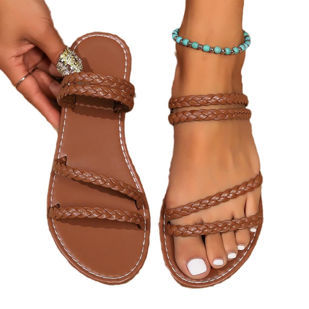 Gewebte einwortige großformatige Pantoffeln mit flachem Boden Neue Damen-Hausschuhe lässig Strand cool