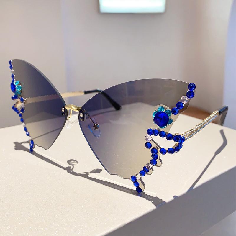 Rimless Butterfly Sunglasses with Rhinestones  New Gradient Multicolor Women Shades Trendy Oversized Party Eyewear