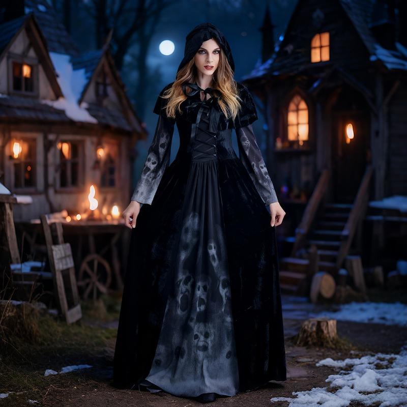 Halloween Adult Reaper Long Dress Horror Skull Vampire Cosplay Suit Bar Stage Costume