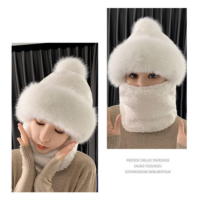 Hat Soft Winter Outdoor Knit Hat Women Wool Knitted Hat Ski Hat Sets Plush Fleece Windproof Thick Scarf Collar Warm Pullovers Masked Hats