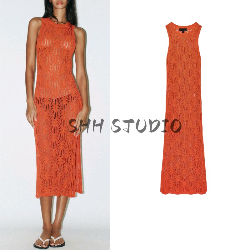 Summer New Product Women's Clothes Seaside Vacation Style Jacquard Mesh Knitting Round Neck Midi Skirt Dress 1822026