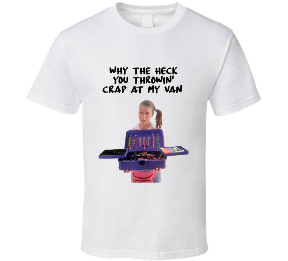 New Why The Heck You Throwin Crap At My Van Napoleon Dynamite Movie Deb T Shirt XL