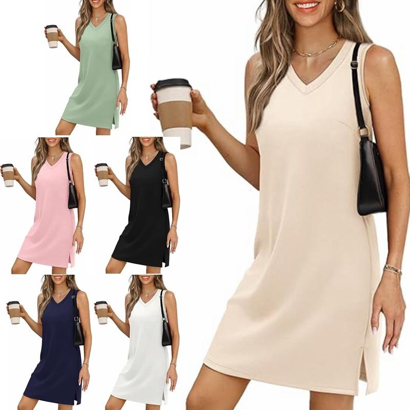 Women's V-Neck Sleeveless T-Shirt Dress Casual Loose Fit Side Split Mini Dress